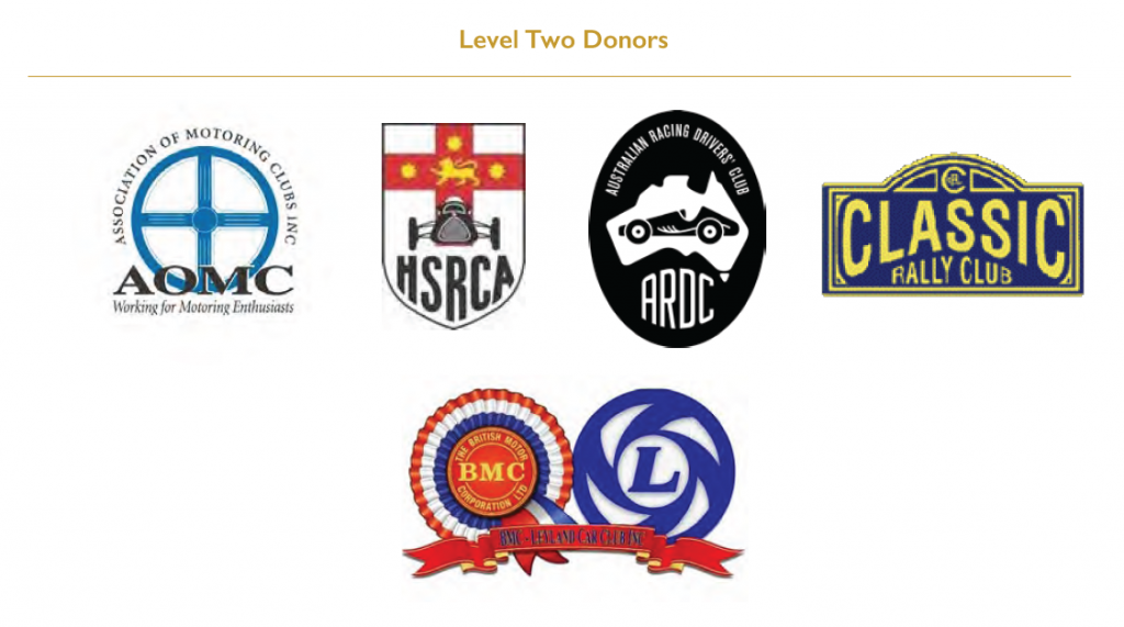 Association of Motoring Clubs
HSRCA
Australian Racing Drivers Club
Classic Rally Club
BMC-Leyland Car Club